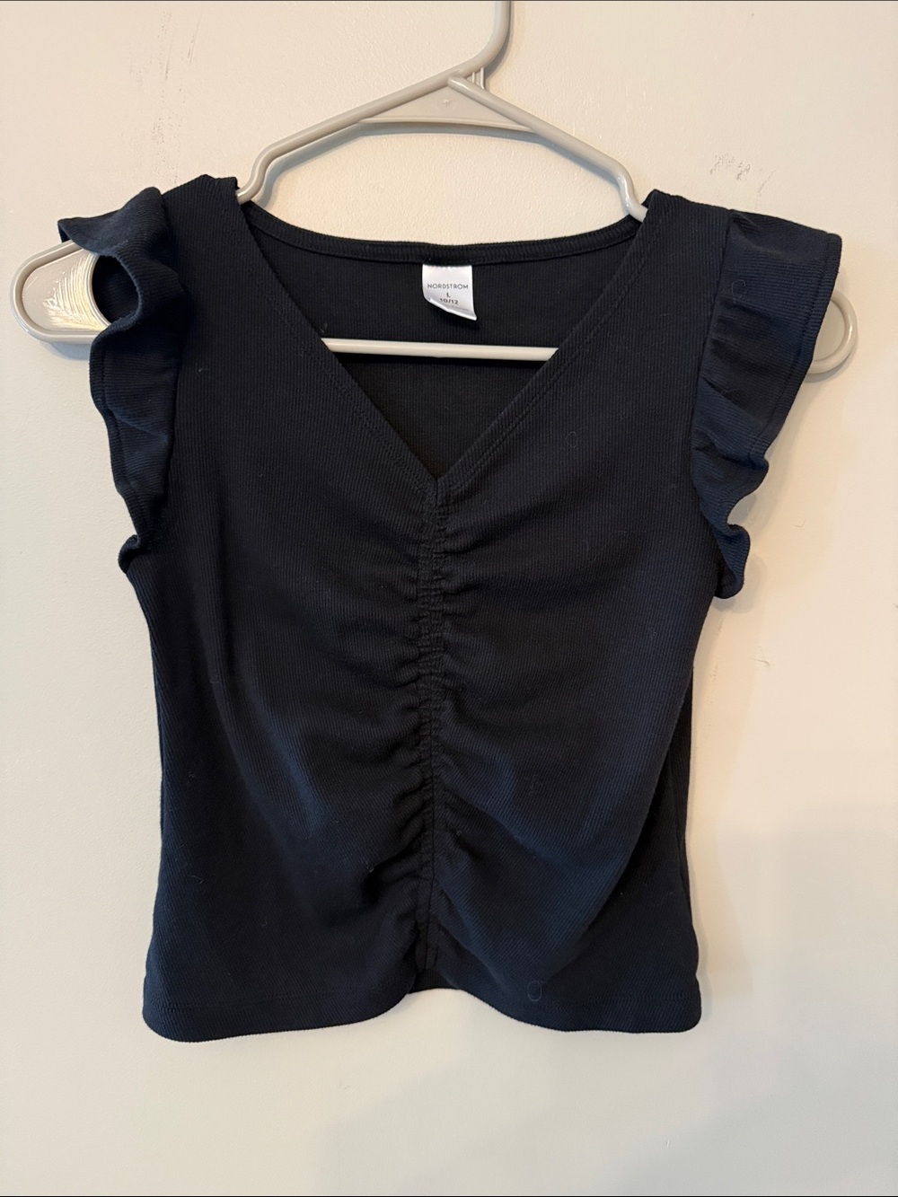 Nordstrom Black Ruched V-Neck Tank with Ruffle Cap Sleeves, Size L 10/12